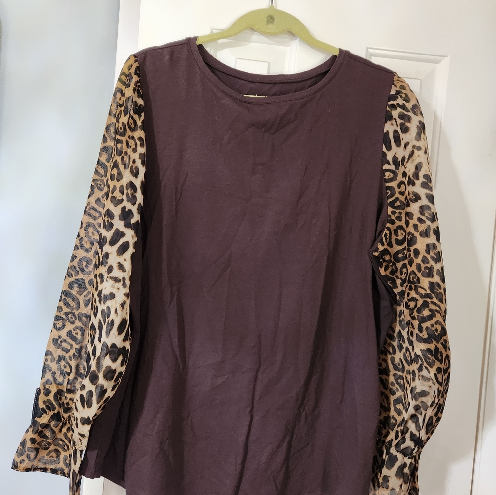 Belle by Kim Gravel brown shirt with sheer leopard sleeves
